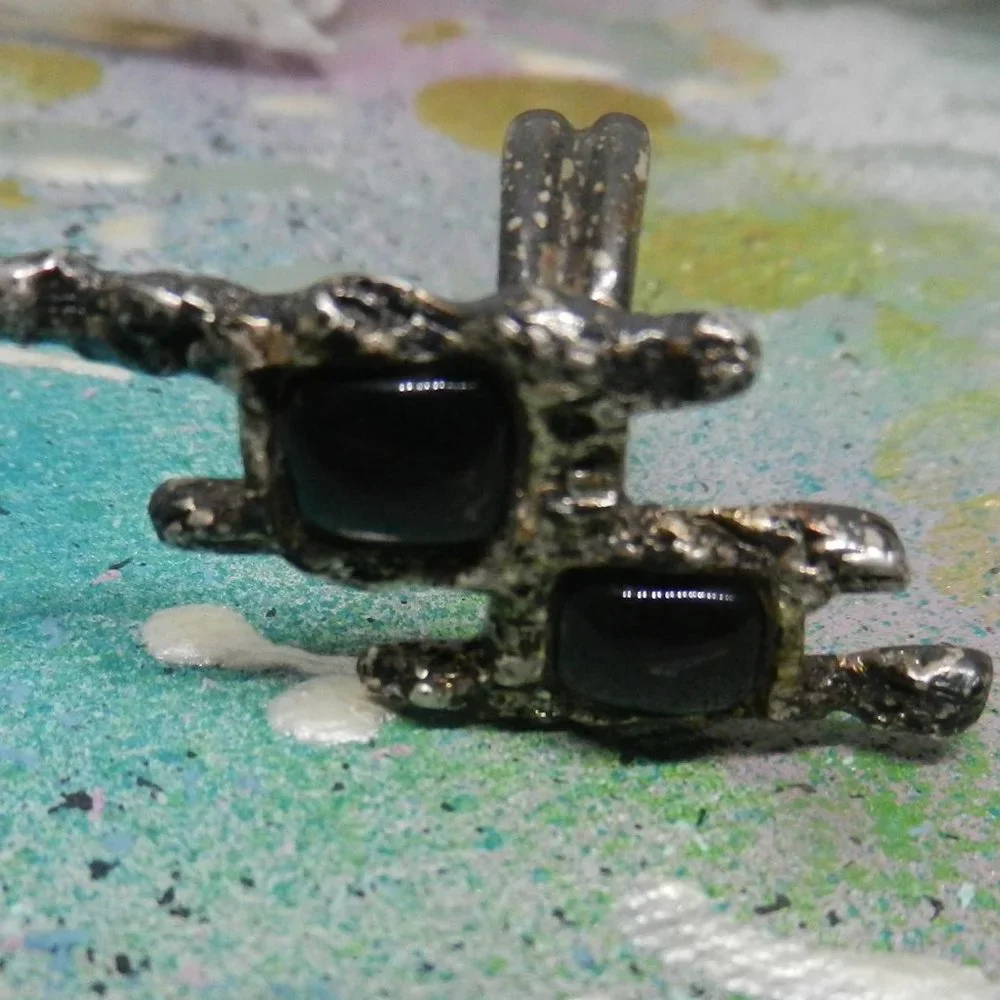 VTG artisan pewter black ring silvery statement ebony shiny bohemian size 12